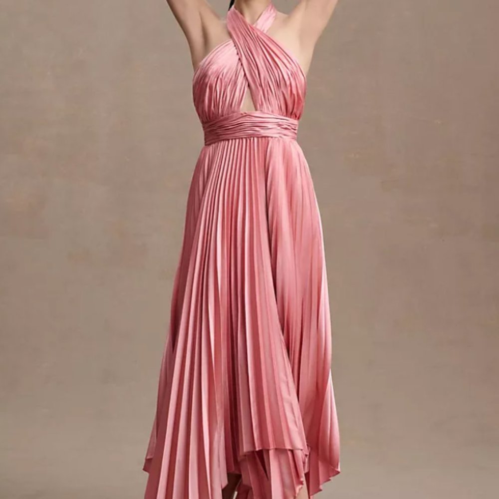 Mac Duggal Pleated A-Line Asymmetrical Halter Gown